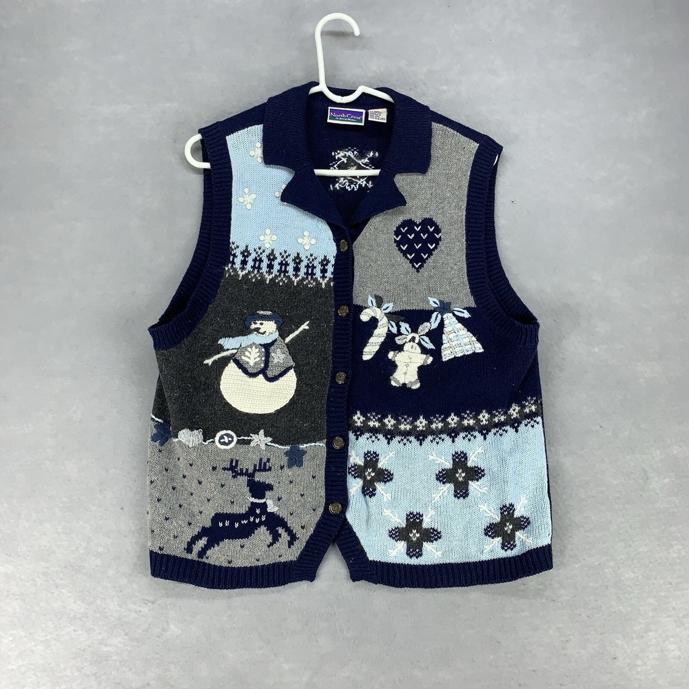 VTG Northcrest Sweater Cardigan‎ Vest Women's Large 14-16 Blue Knit Winter Scene
